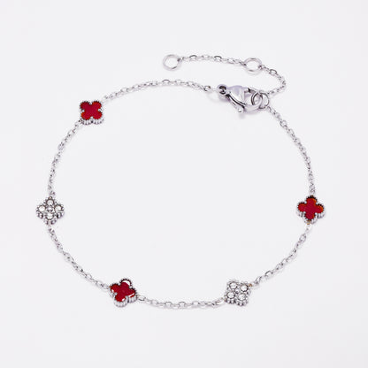 SSYB7802 - Steel 17cm + 3cm CZ & enamel four-leaf clover bracelet