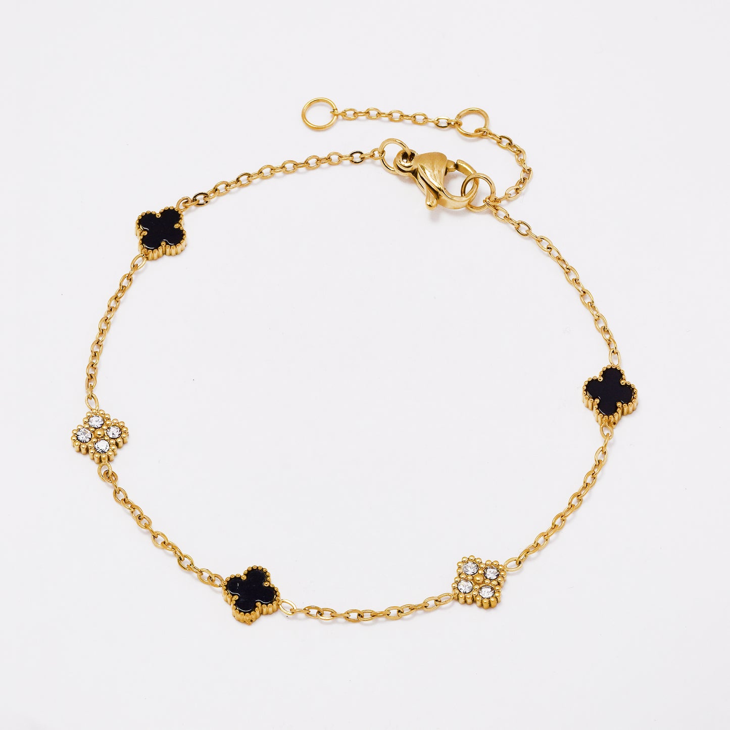 SSYB7802 - Steel 17cm + 3cm CZ & enamel four-leaf clover bracelet