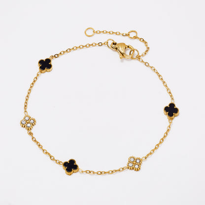 SSYB7802 - Steel 17cm + 3cm CZ & enamel four-leaf clover bracelet