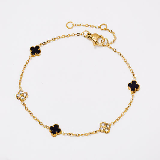SSYB7802 - Steel 17cm + 3cm CZ & enamel four-leaf clover bracelet