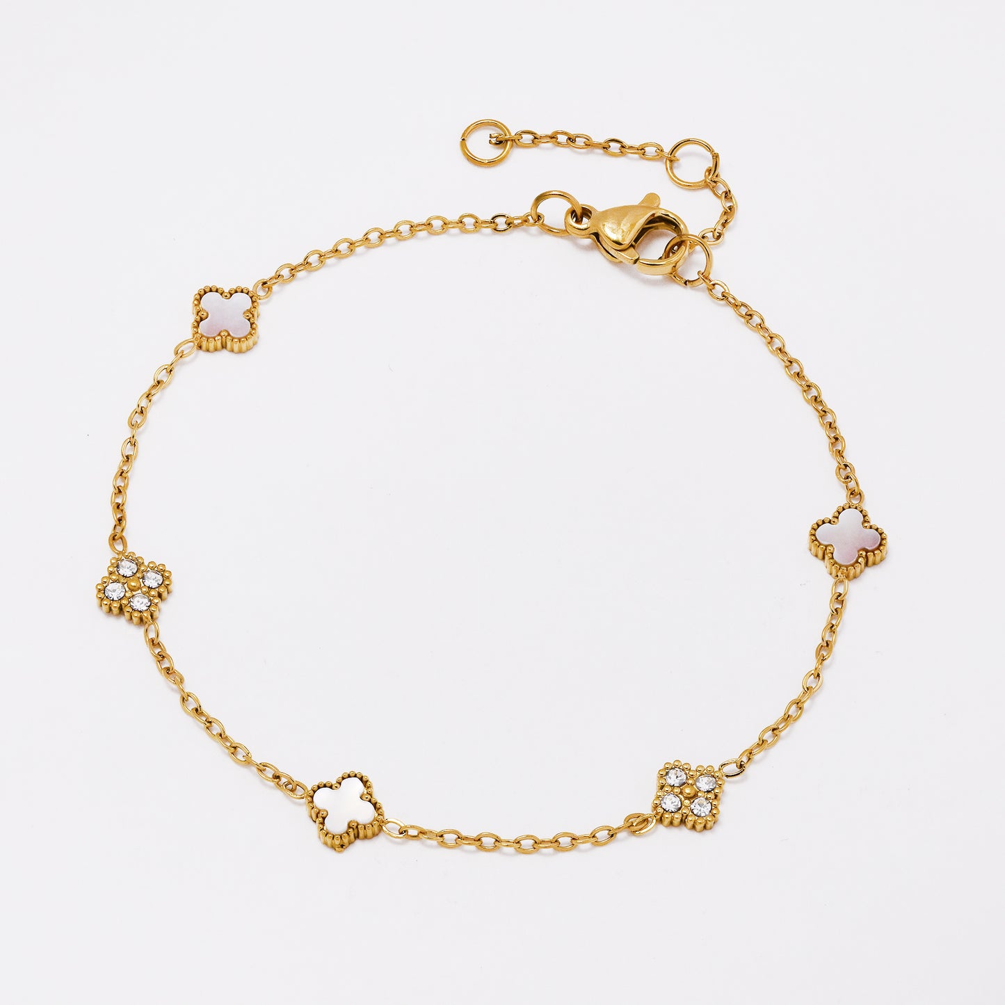 SSYB7802 - Steel 17cm + 3cm CZ & enamel four-leaf clover bracelet