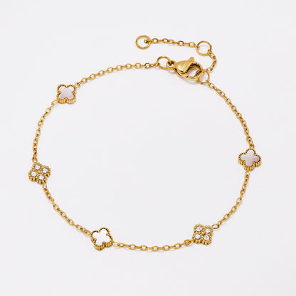SSYB7802 - Steel 17cm + 3cm CZ & enamel four-leaf clover bracelet