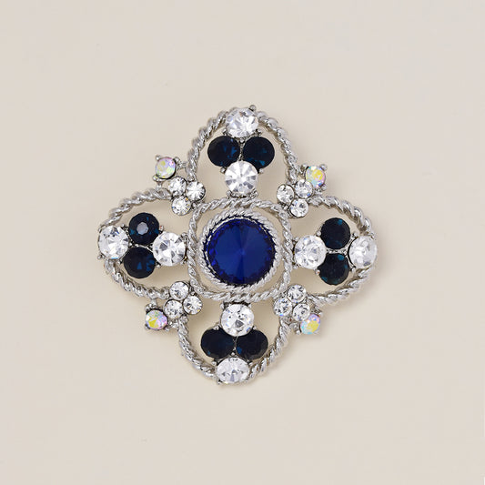 Fashion blue and clear crystal flower brooch