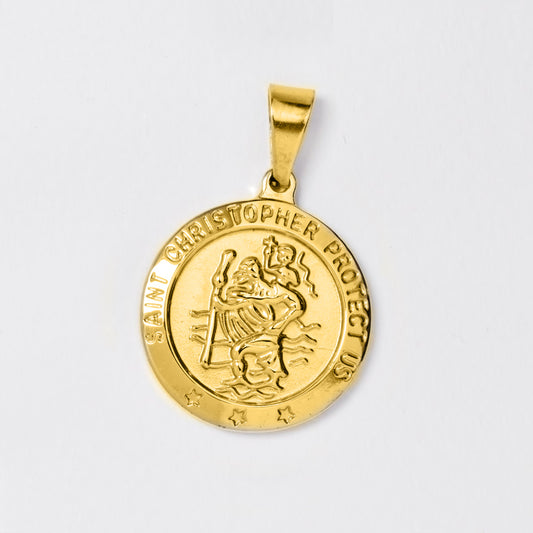 Stainless steel gold plated St Christopher disc pendant