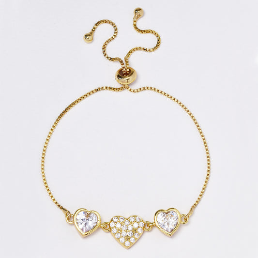 Fashion crystal 3 heart gold plated adjustable bracelet - ABB1172