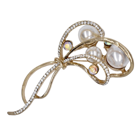Fashion gold plated crystal and pearl ribbon like brooch