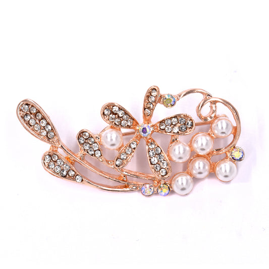 Fashion rose gold plated flower pearl & crystal brooch