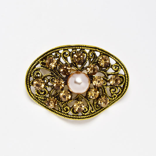 Fashion Antique gold plated pearl and crystal brooch