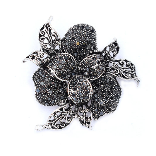 ABBR1025 - Black diamante flower brooch