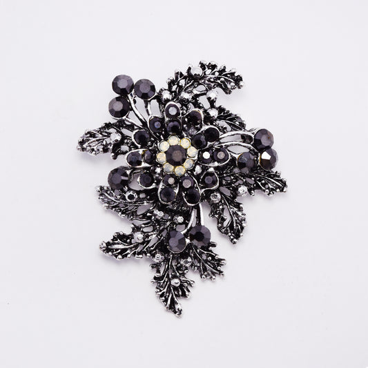 ABBR7813 - Vintage-inspired black crystal floral brooch