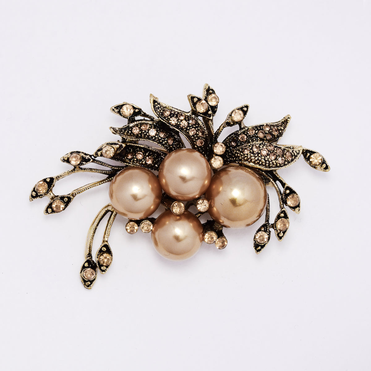 ABBR7815 - Champagne pearl and crystal leaf brooch