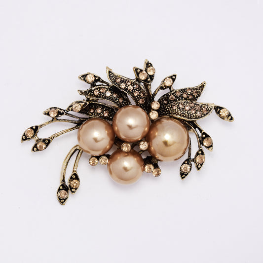 ABBR7815 - Champagne pearl and crystal leaf brooch