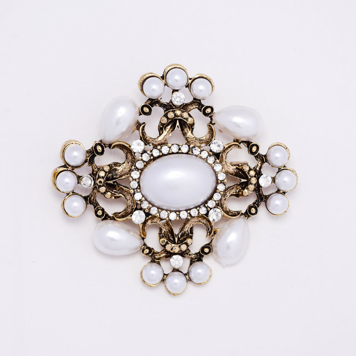 ABBR7820 - Antique gold pearl and crystal filigree brooch