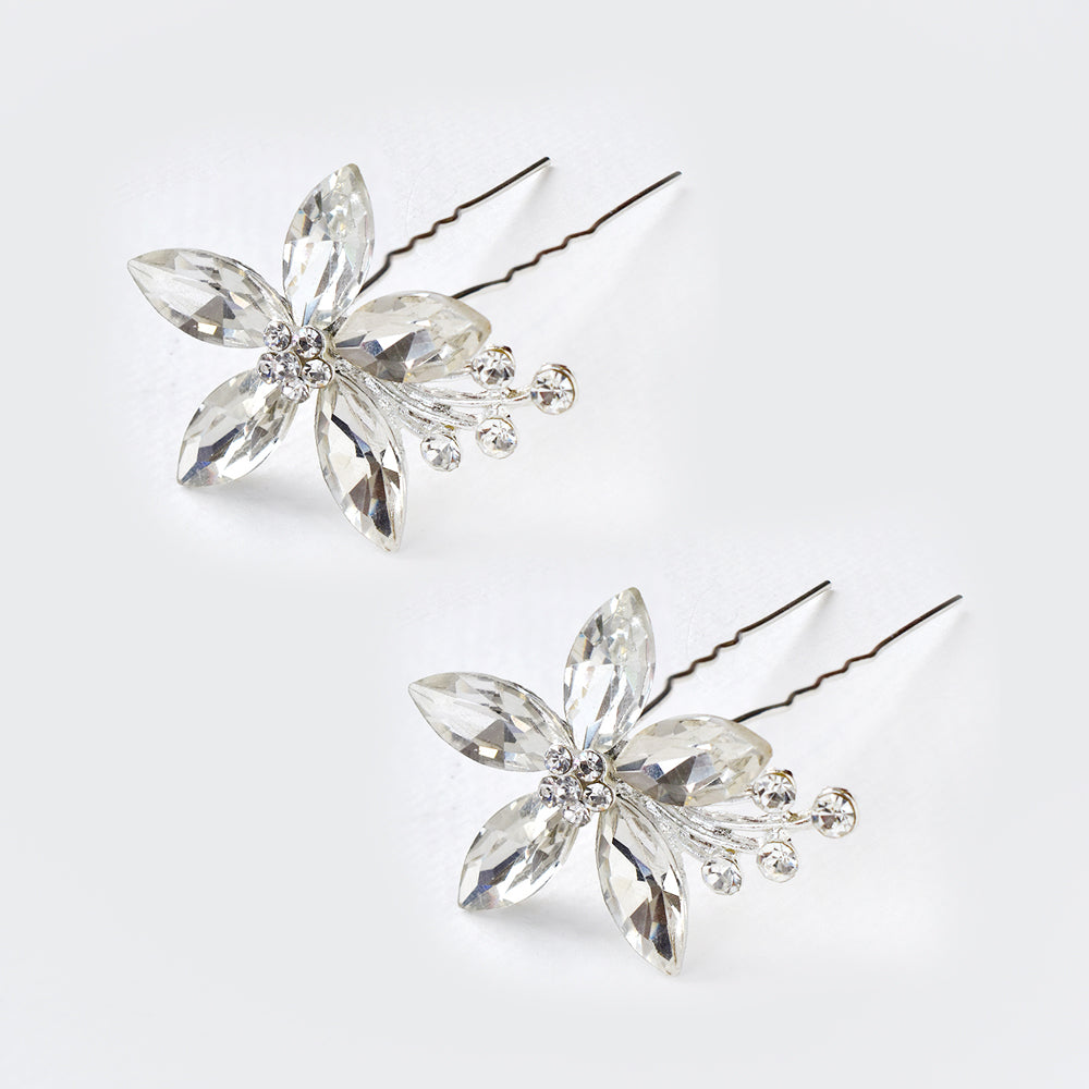2 Pack Crystal 5 petal flower hair pins - ABH1042