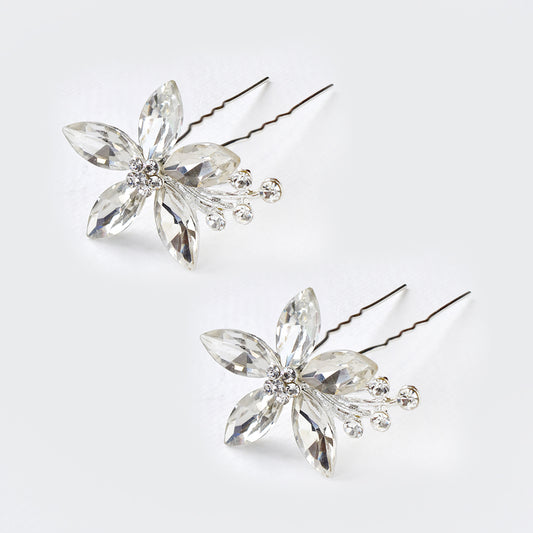 2 Pack Crystal 5 petal flower hair pins - ABH1042