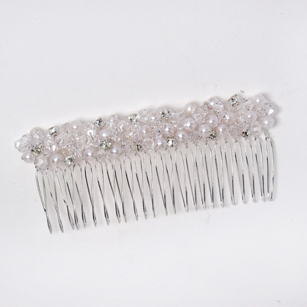 Silver comb with pearl and clear beads - ABH1050