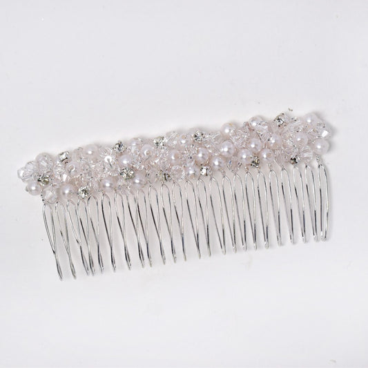 Silver comb with pearl and clear beads - ABH1050
