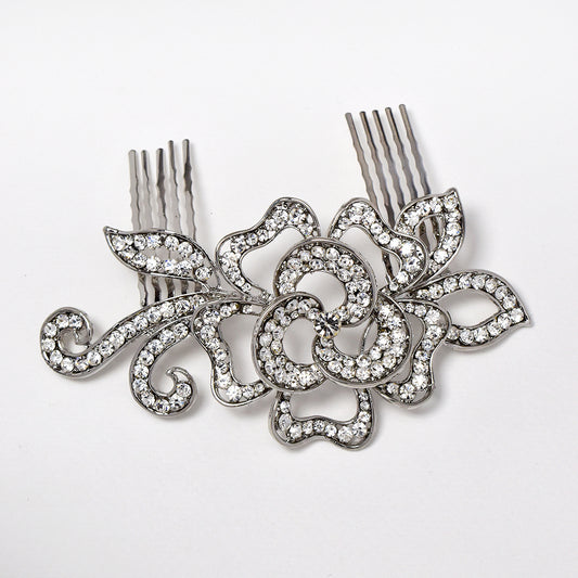Crystal cutout rose with swirls and leaf hair comb - ABH1062