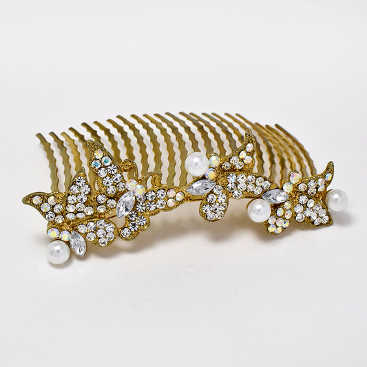 Gold plated ab crystal and pearl butterfly hair comb - ABH1068