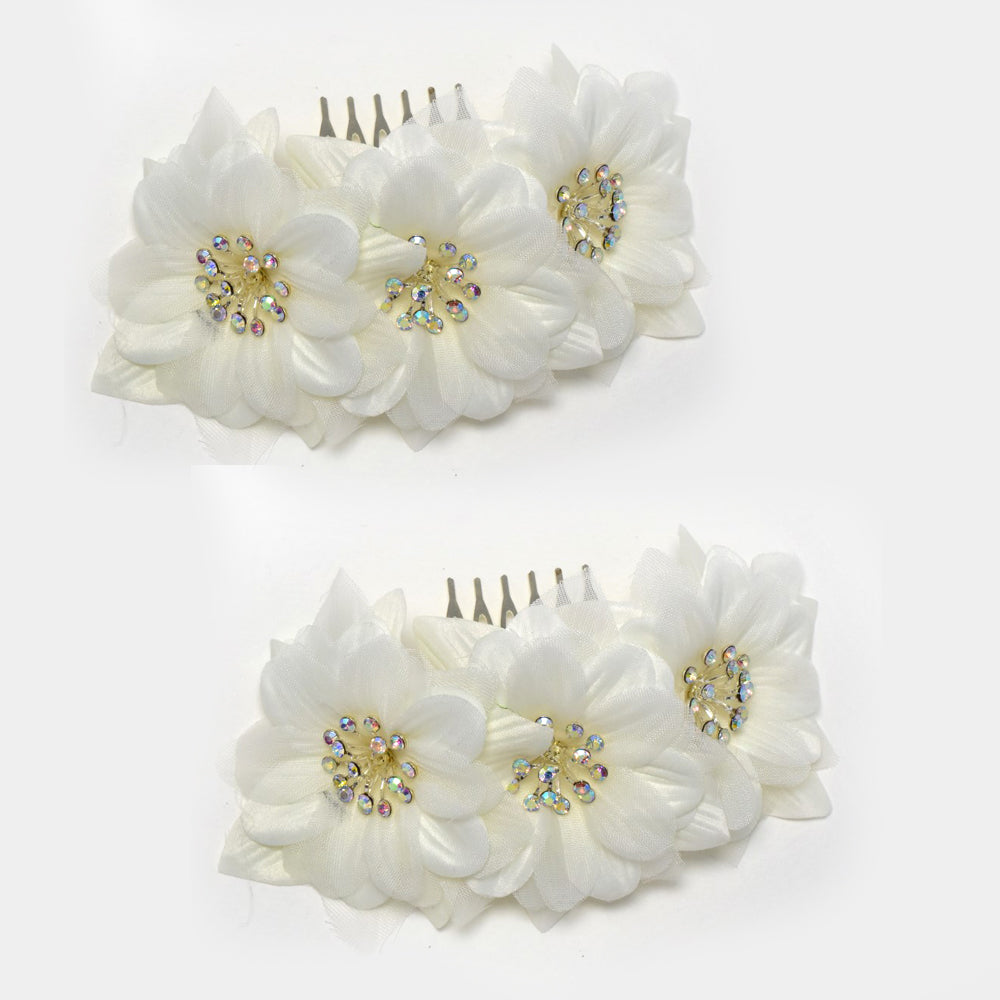 2 Pack cream flowers crystal hair comb - ABH1075