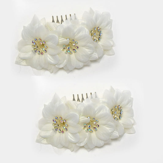 2 Pack cream flowers crystal hair comb - ABH1075