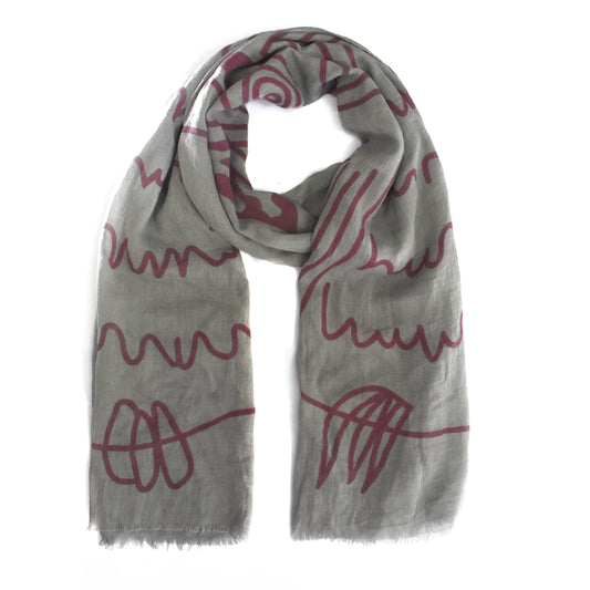 Grey and maroon owl print scarf
