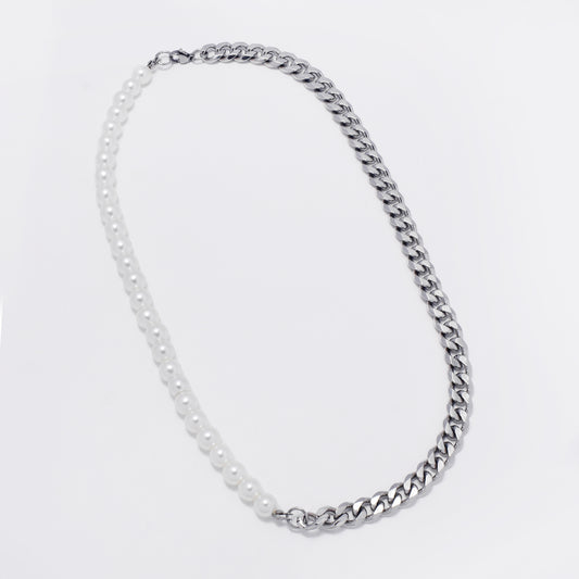 ABSSN085 - Stainless Steel Curb and Pearl Necklace