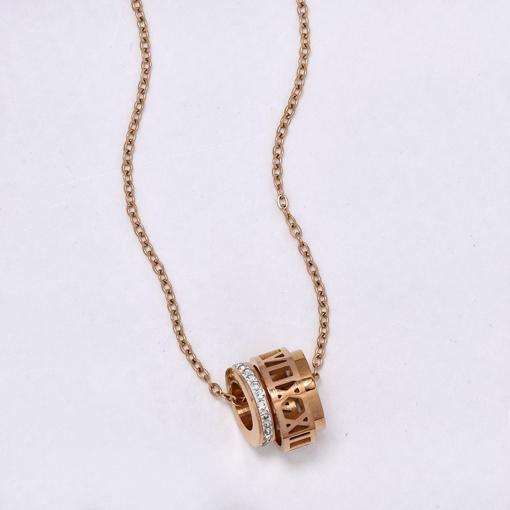 Stainless steel rose gold plated necklace with 3 ring pendant & roman numerals - ABSSN315