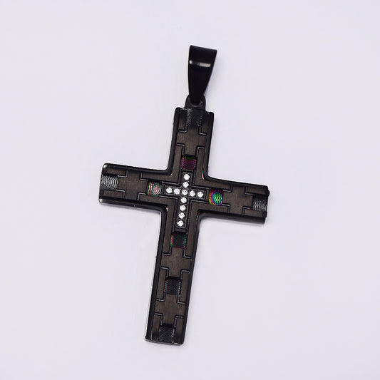 Stainless steel black cutout & cz cross pendant on chain - ABSSN64I