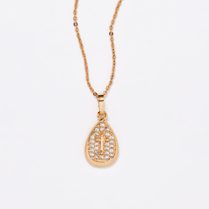 CZMP3115 - Premium 18mm x 11mm teardrop shaped CZ necklace with cross