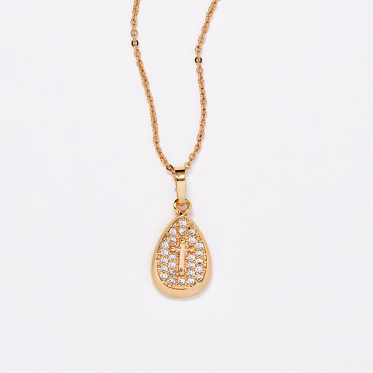 CZMP3115 - Premium 18mm x 11mm teardrop shaped CZ necklace with cross