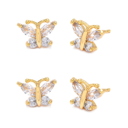 2 Pack premium cubic zirconia butterfly gold stud earrings