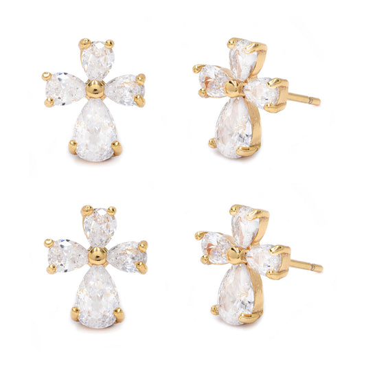 2 Pack premium curvy cubic zirconia cross gold stud earrings