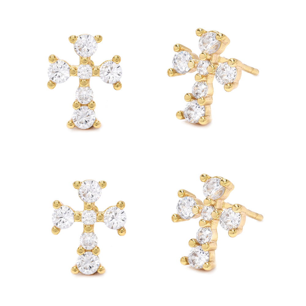CZMPK2872 - 2 Pack Brass cubic zirconia cross gold stud earrings