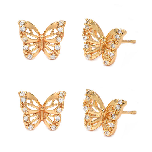 2 Pack premium gold plated filigree cubic zirconia butterfly stud earring