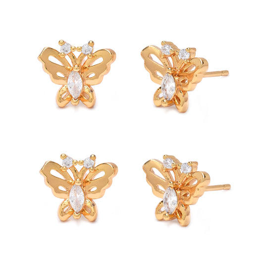 2 Pack premium gold plated butterfly stud with cubic zirconia stud earring