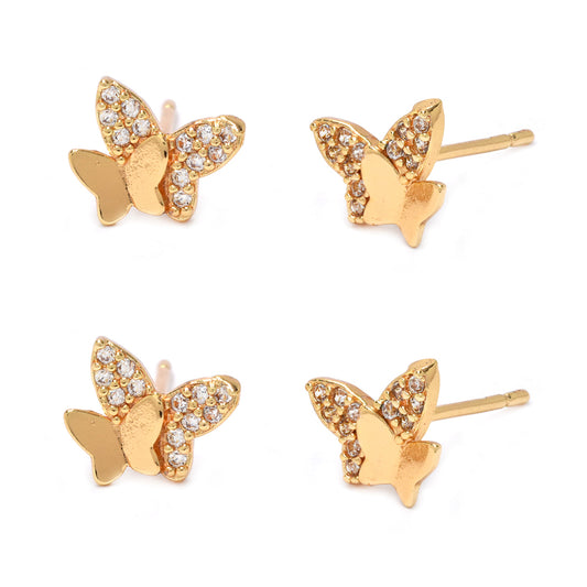 2 Pack premium gold plated double butterfly cubic zirconia stud earring