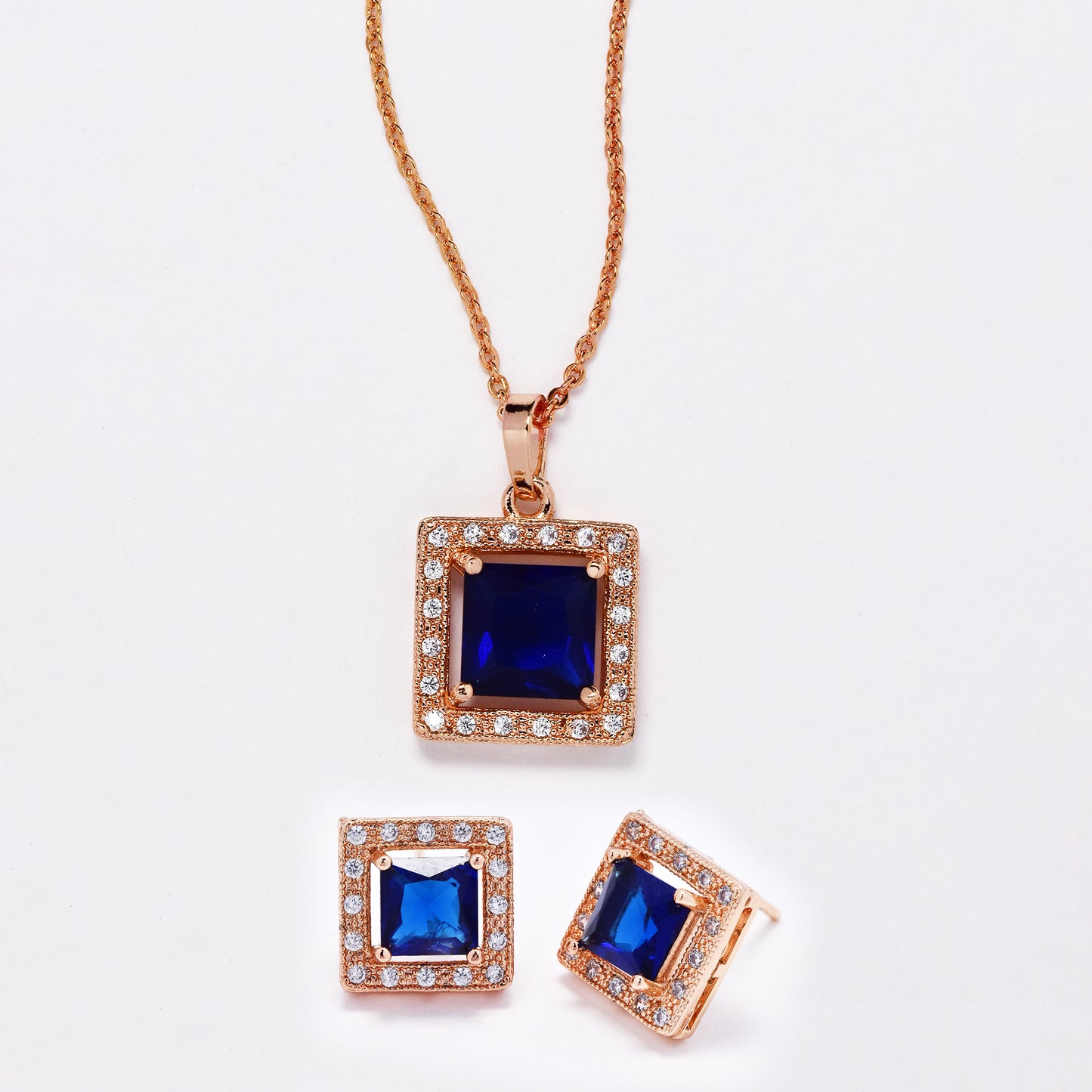 CZMST3121 - Premium brass 43cm x 1mm square drop CZ necklace & earrings set