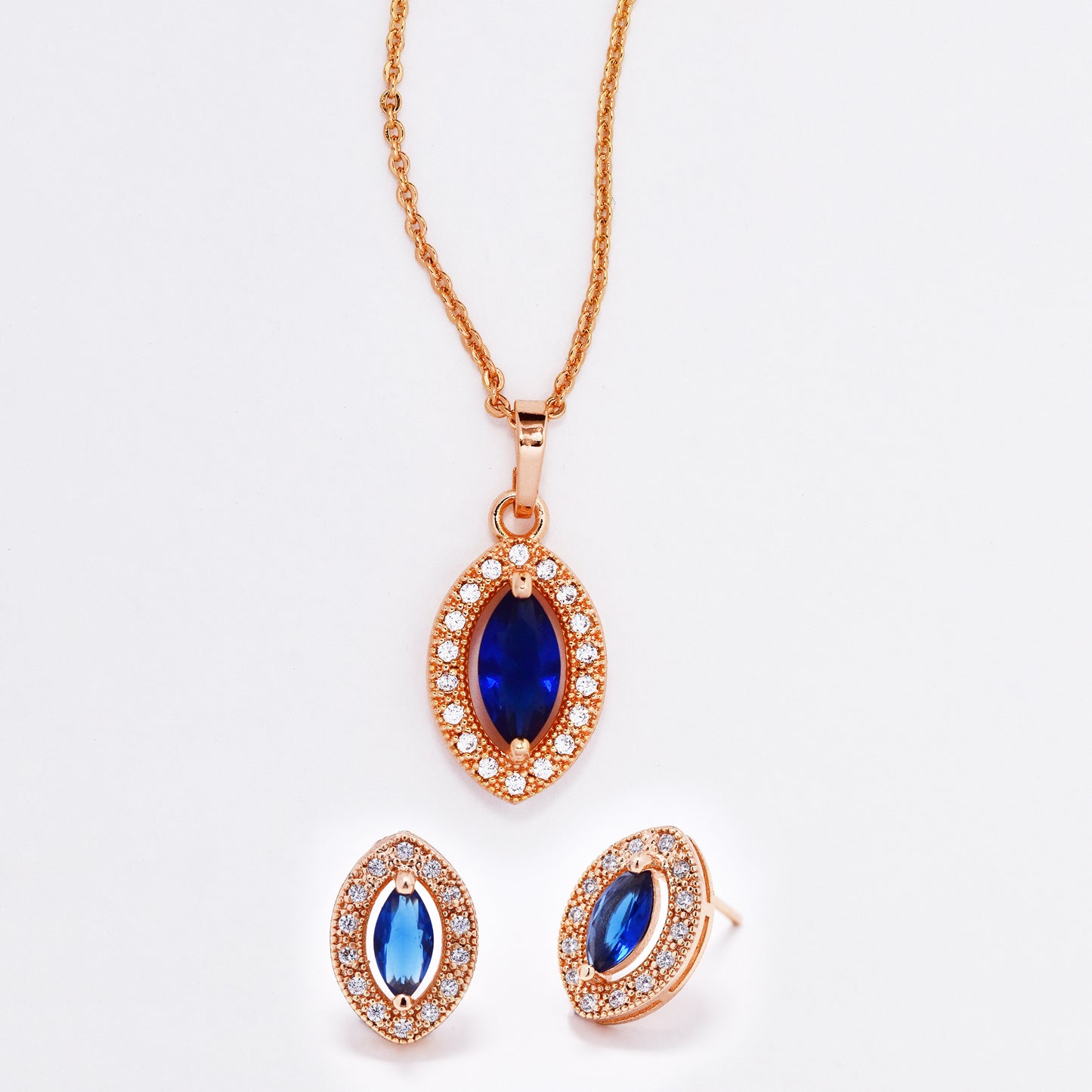 CZMST3123-BL - Premium brass 43cm x 1mm marquise CZ necklace & earrings set