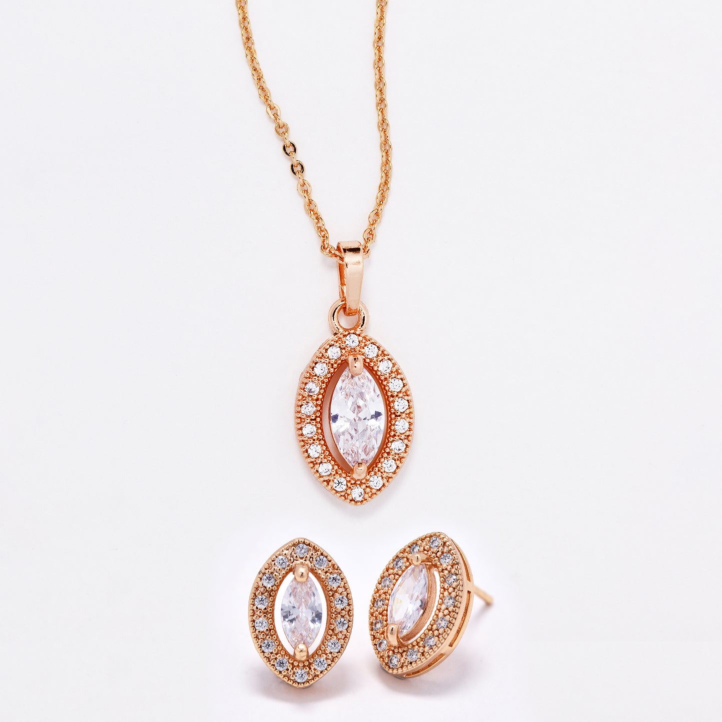 CZMST3123-CL - Premium brass 43cm x 1mm marquise CZ necklace & earrings set