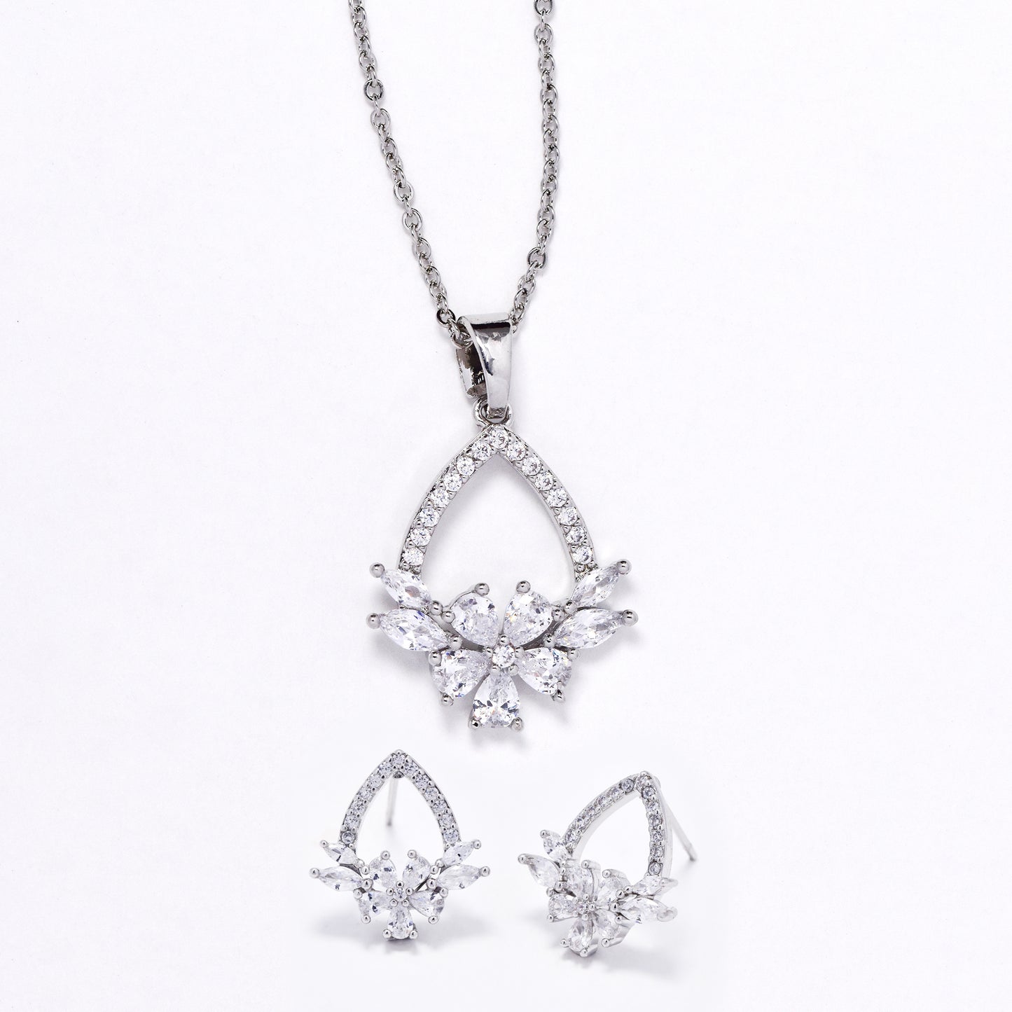 CZMST3124 - Premium brass 46cm x 1mm decorative flower CZ necklace & earrings set