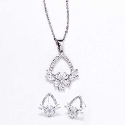CZMST3124 - Premium brass 46cm x 1mm decorative flower CZ necklace & earrings set