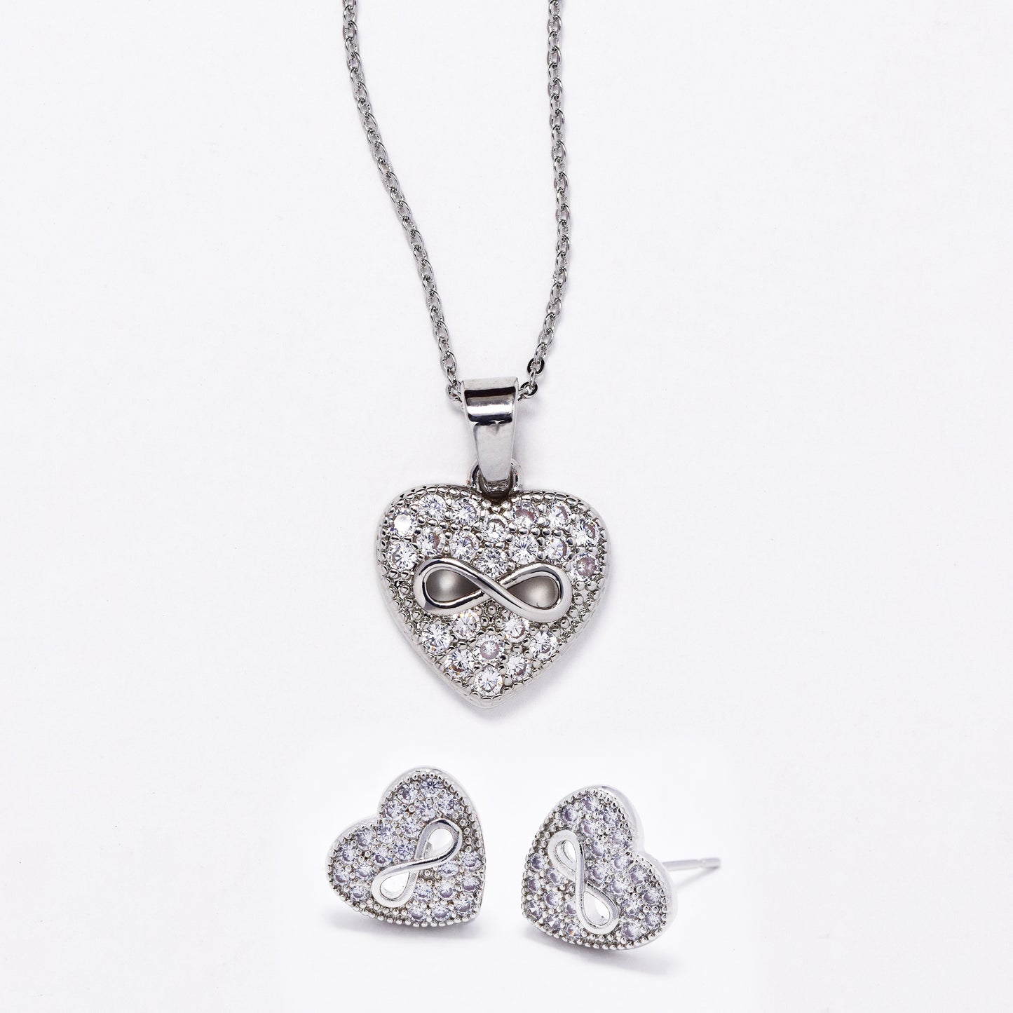 CZMST3125 - Premium brass 46cm x 1mm infinity heart CZ necklace & earrings set