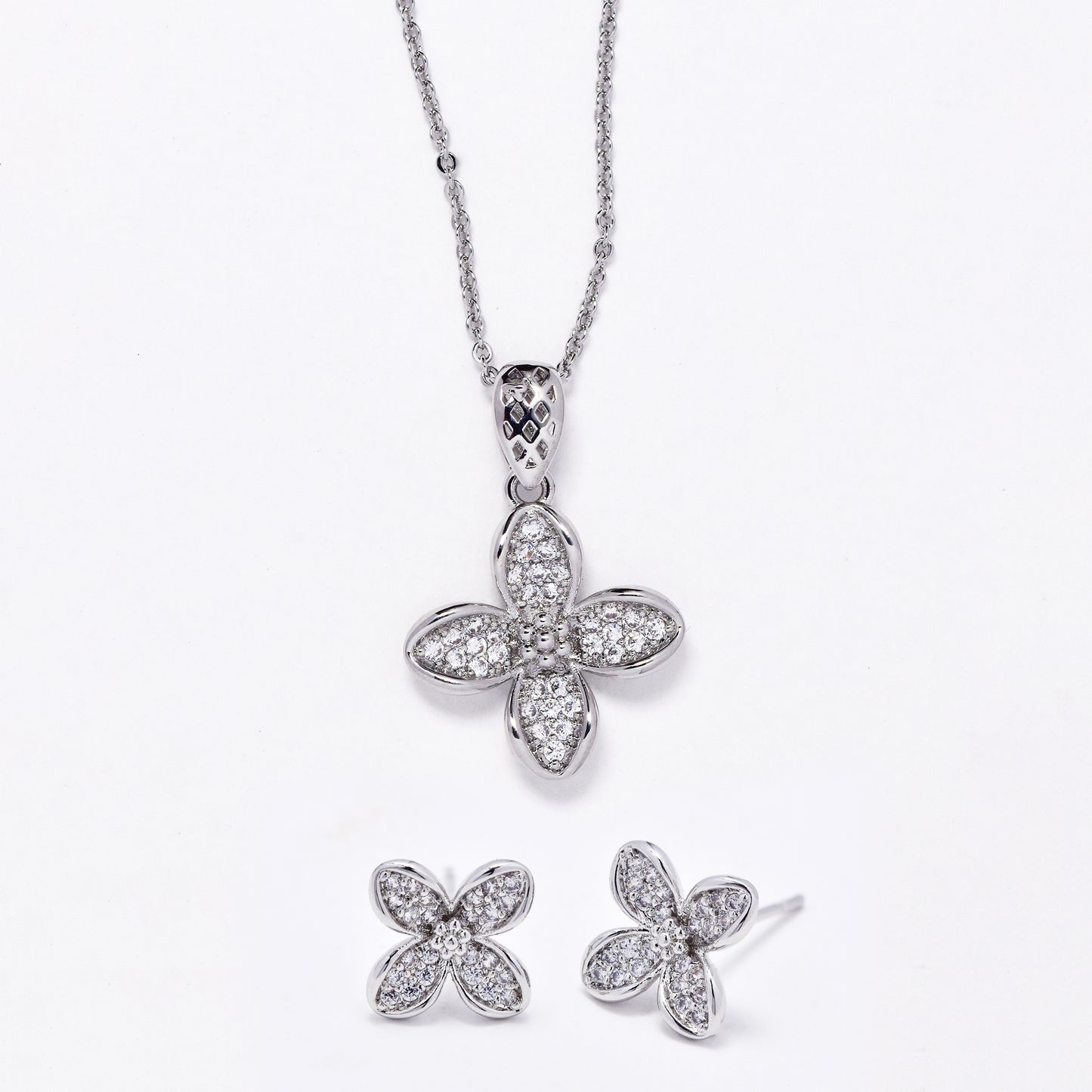 CZMST3126 - Premium brass 46cm x 1mm CZ flower necklace & earrings set