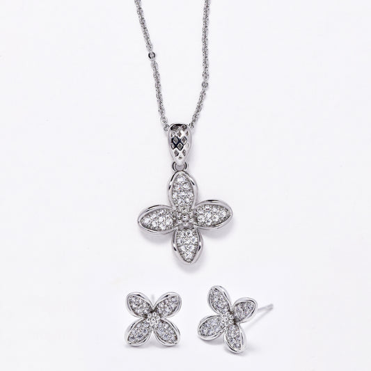 CZMST3126 - Premium brass 46cm x 1mm CZ flower necklace & earrings set