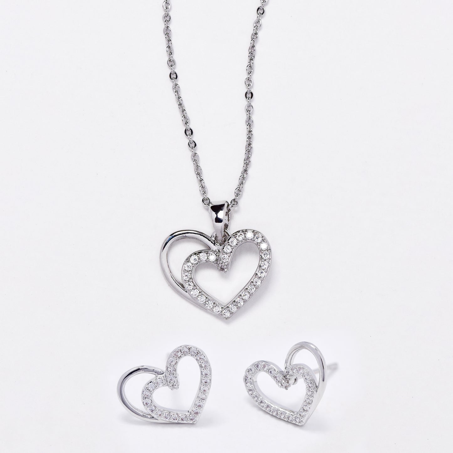 CZMST3127 - Premium brass 46cm x 1mm CZ heart necklace & earrings set