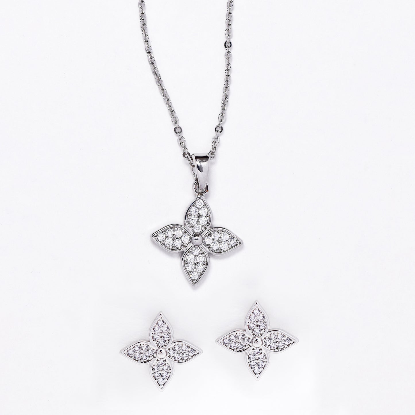 CZMST3128 - Premium brass 46cm x 1mm CZ flower necklace & earrings set