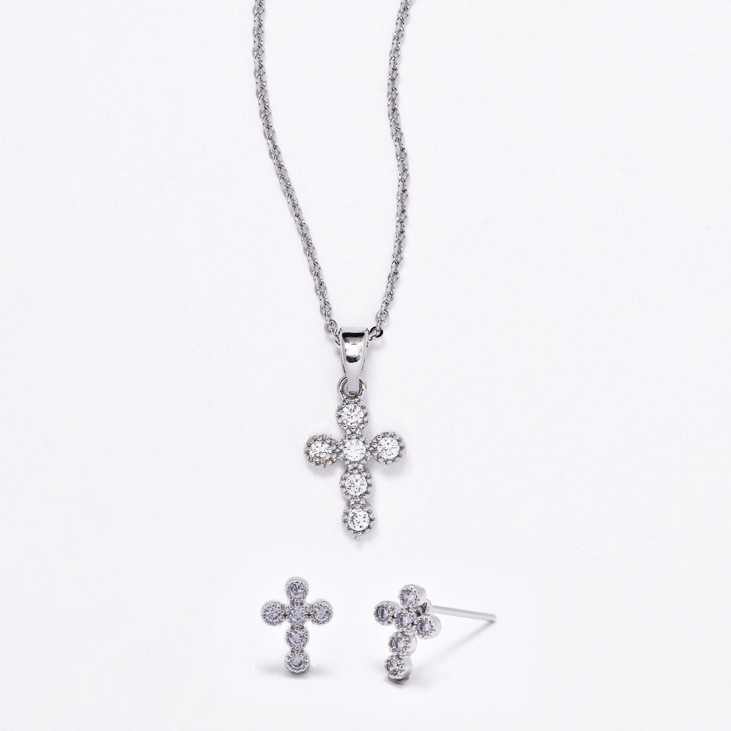 CZMST3129 - Premium brass 46cm x 1mm CZ cross necklace & earrings set