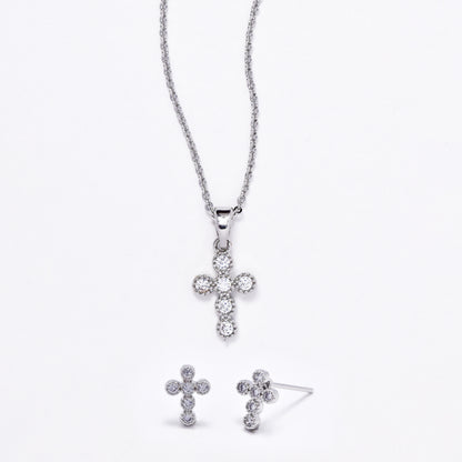 CZMST3129 - Premium brass 46cm x 1mm CZ cross necklace & earrings set
