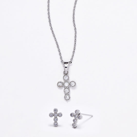 CZMST3129 - Premium brass 46cm x 1mm CZ cross necklace & earrings set